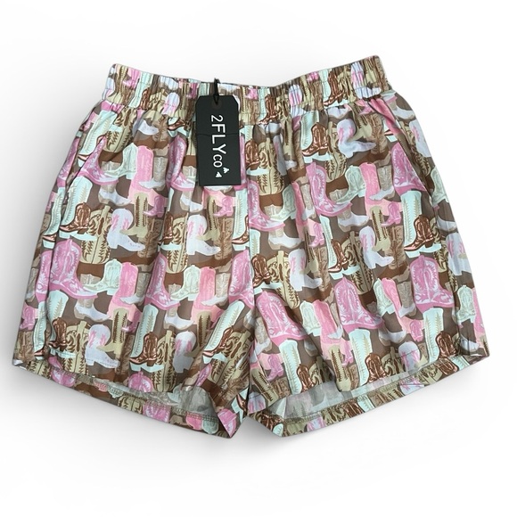 2 Fly Co. Pants - Two 2 Fly Cowboy Boot Print Shorts Pink Brown Tan Pull On Elastic Waist NWT M